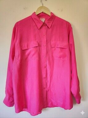 Vintage 80s 90s HER Hot Pink 100% Silk Button Down Blouse Shirt Long Slve L Pink